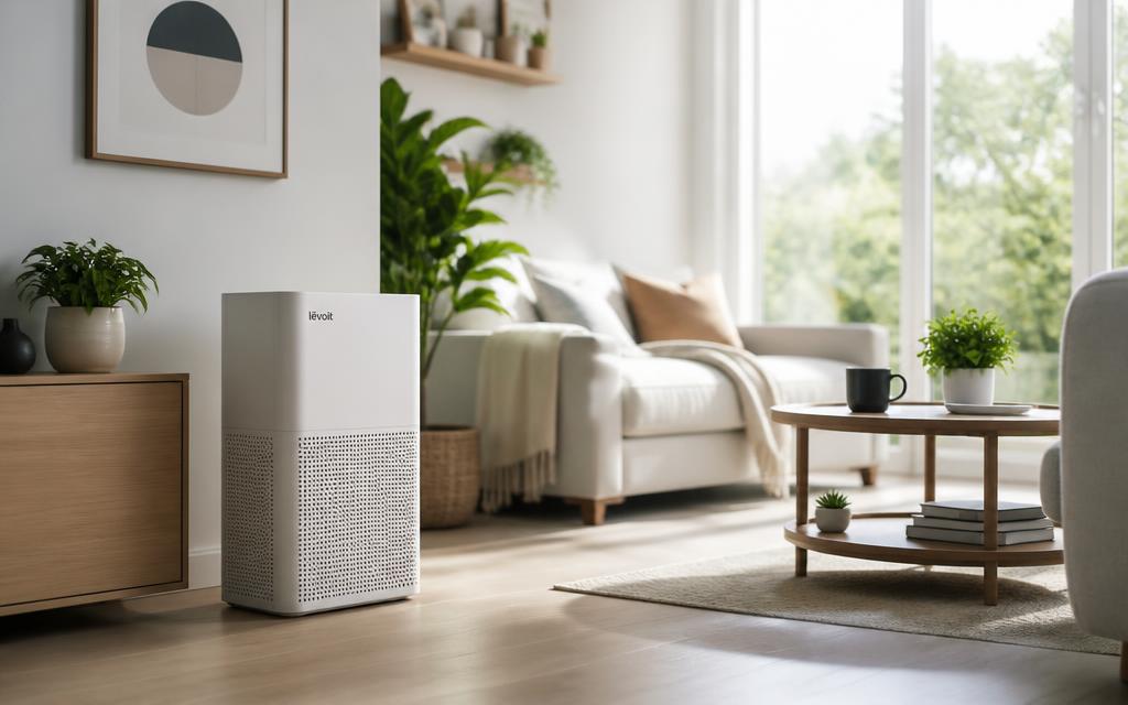 HEPA air purifier in a bright modern living room