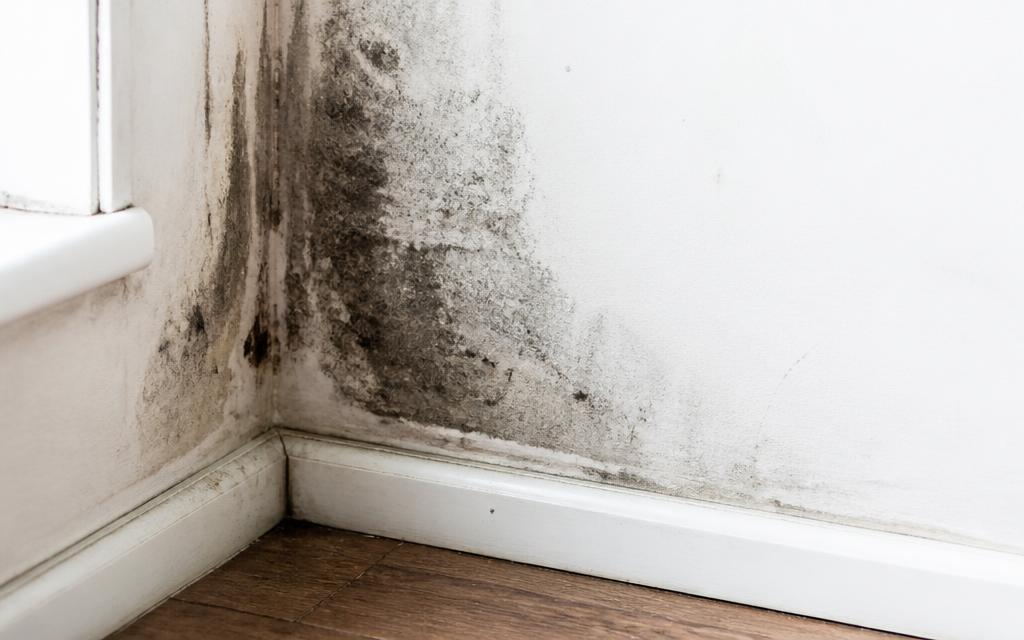 Black mold growing on a damp interior wall corner
