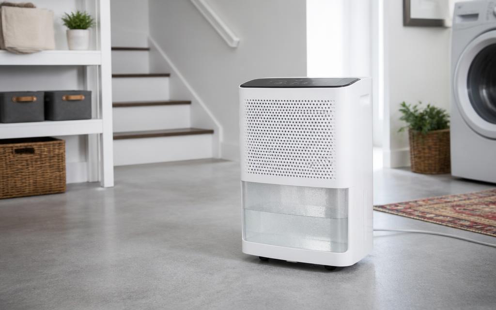 Portable dehumidifier running in a home basement