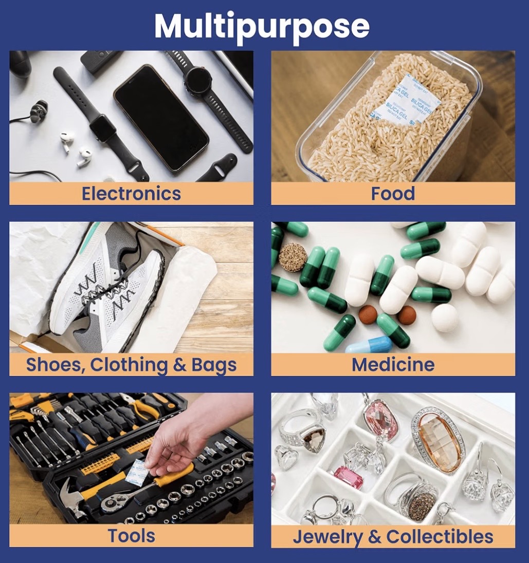 Usages du gel de silice : électronique, alimentation, chaussures, médicaments, outils, bijoux