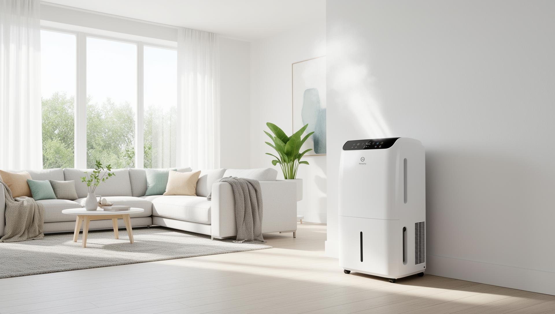 Intérieur de maison moderne avec déshumidificateur professionnel - Guide ZeroHumi anti-humidité 2026